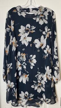 Cici Blue Floral Peephole Nape Long Sleeve Lined Chiffon Mini Dress Size Medium